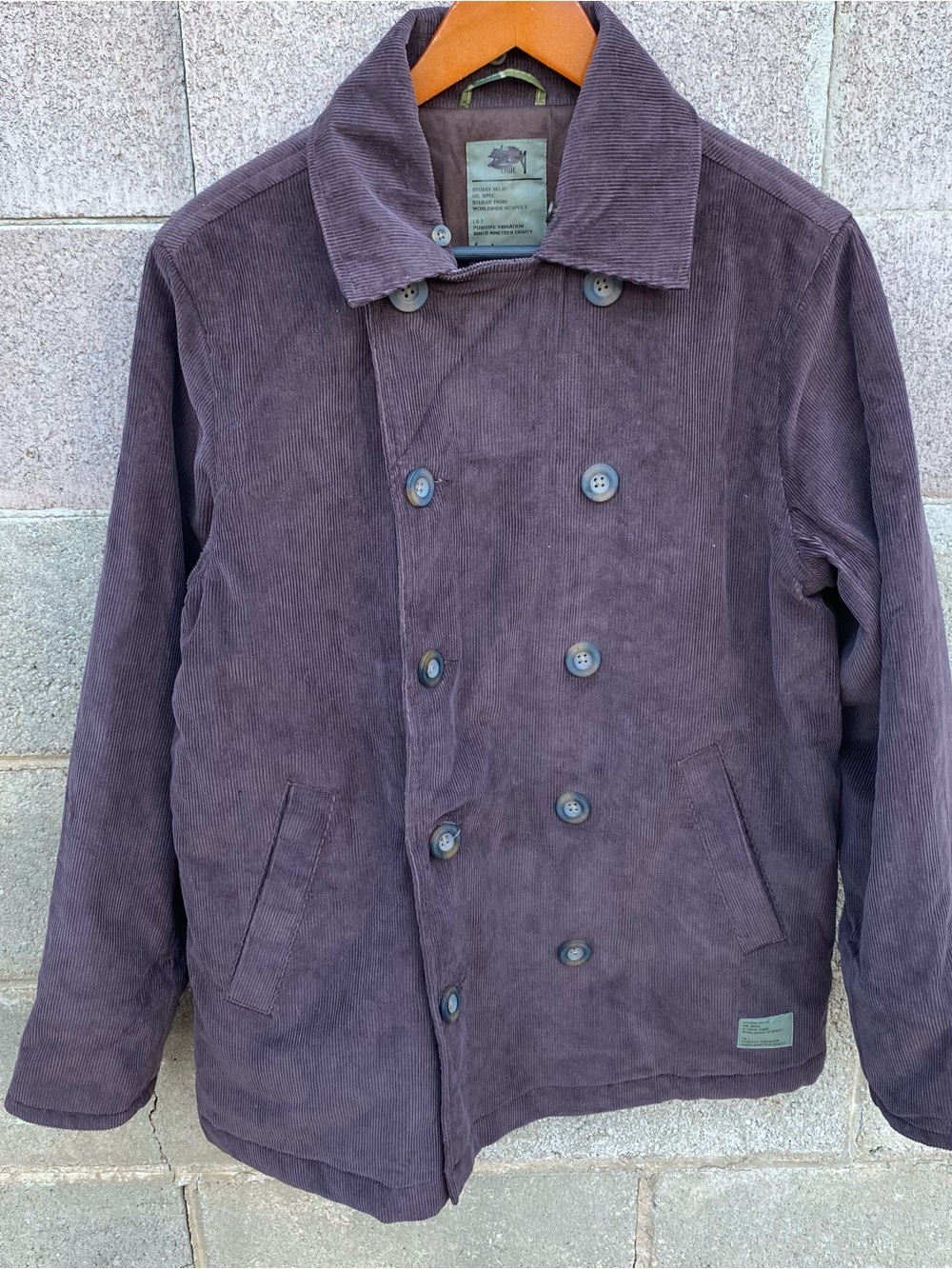 Stussy Double Breasted Pea Coat Jacket Brown Corduroy Mens Medium Camo Lined